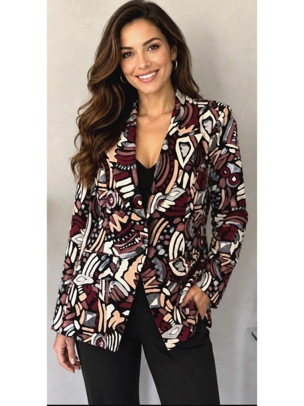 Women's Abstract Print Blazer - Burgundy Multi